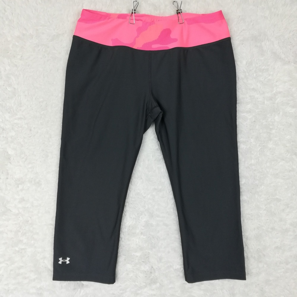 Under Armour Womens Pants Leggings Capri Heatgear Gray Neon Pink Camo Fitted M